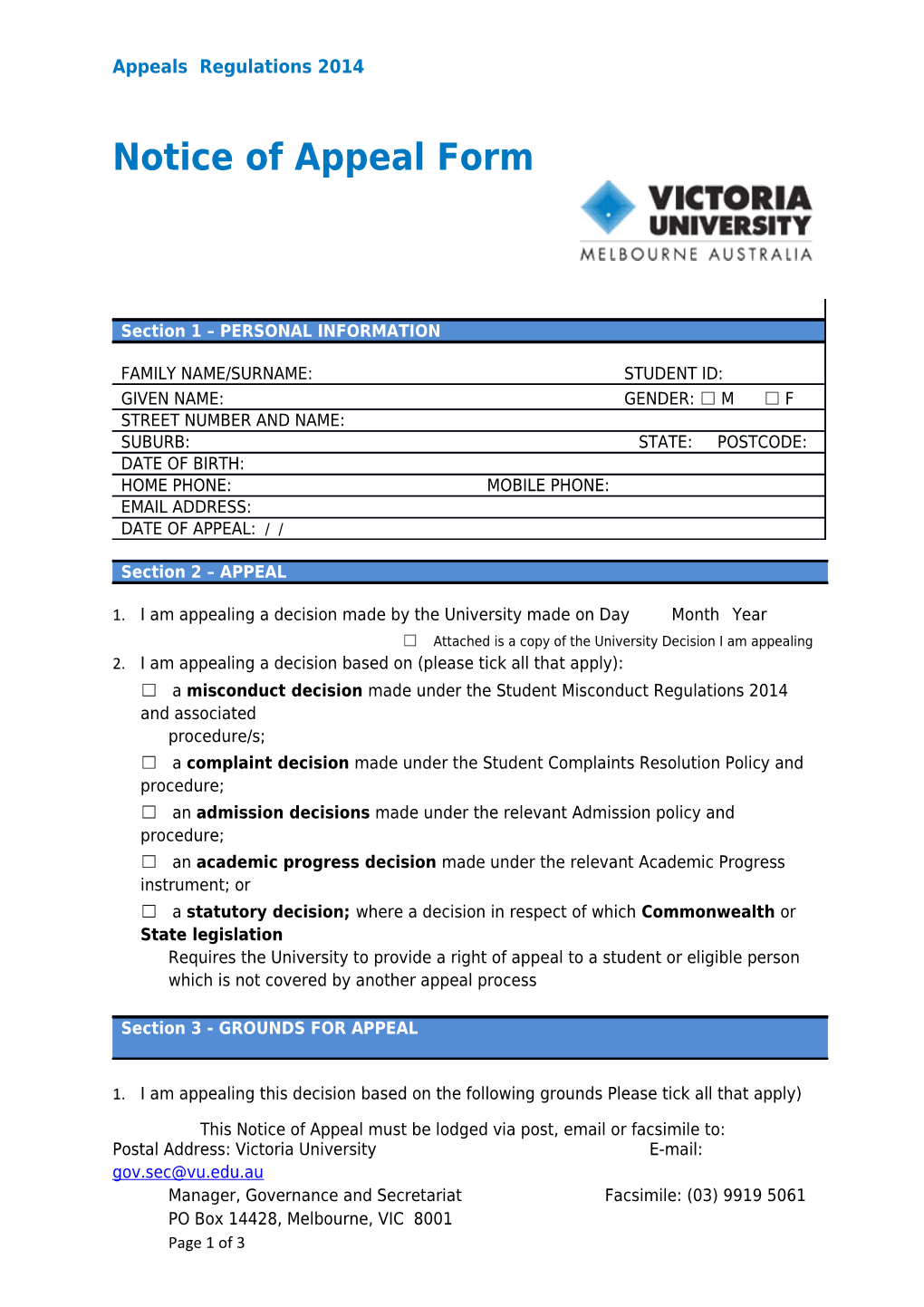 Notice of Appeal Victoria University