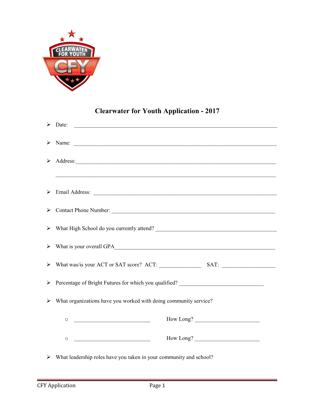 Clearwater for Youth Application - 2017