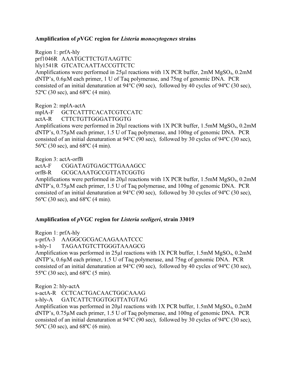 Amplification of Pvgc Region for Listeria Monocytogenes Strains