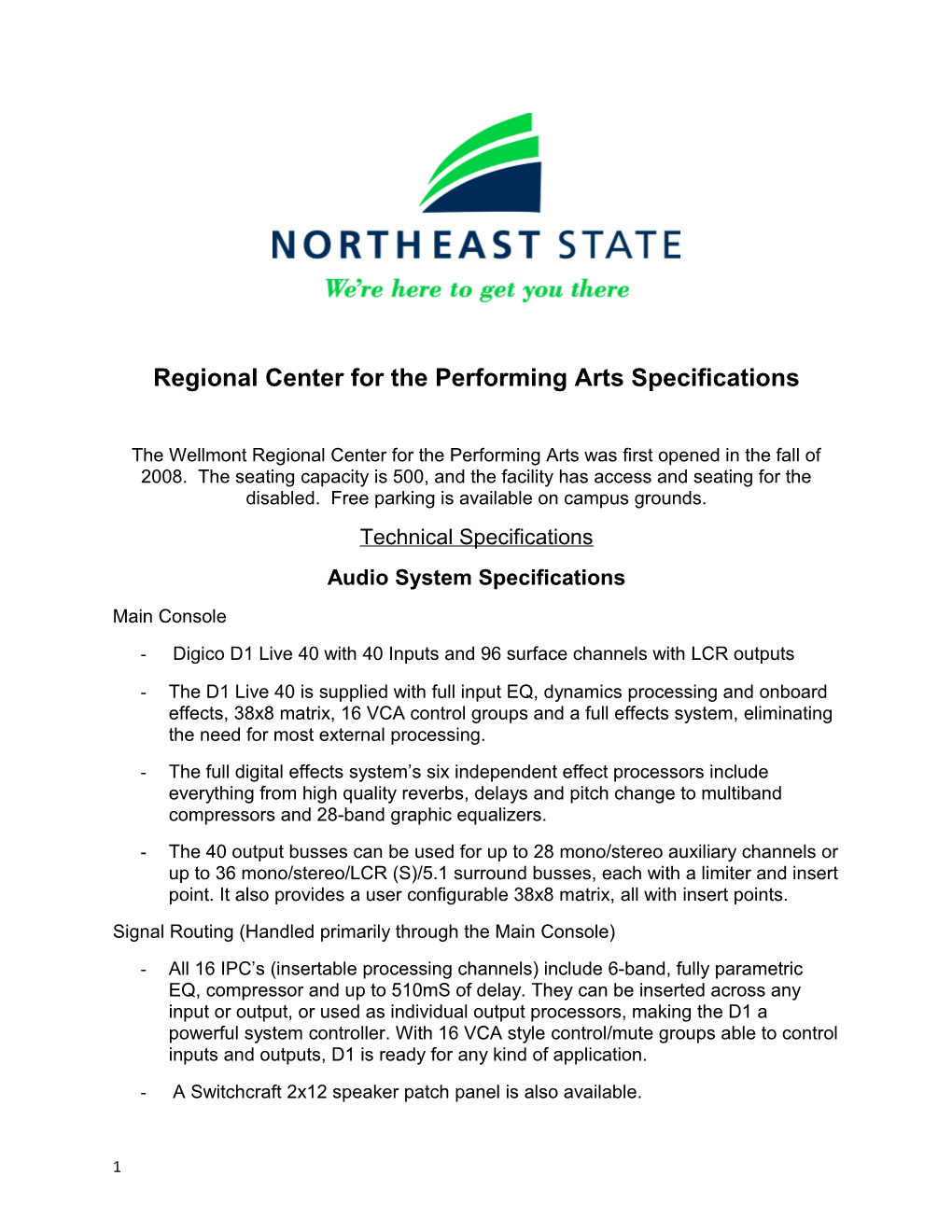 Regional Center for the Performing Arts Specifications