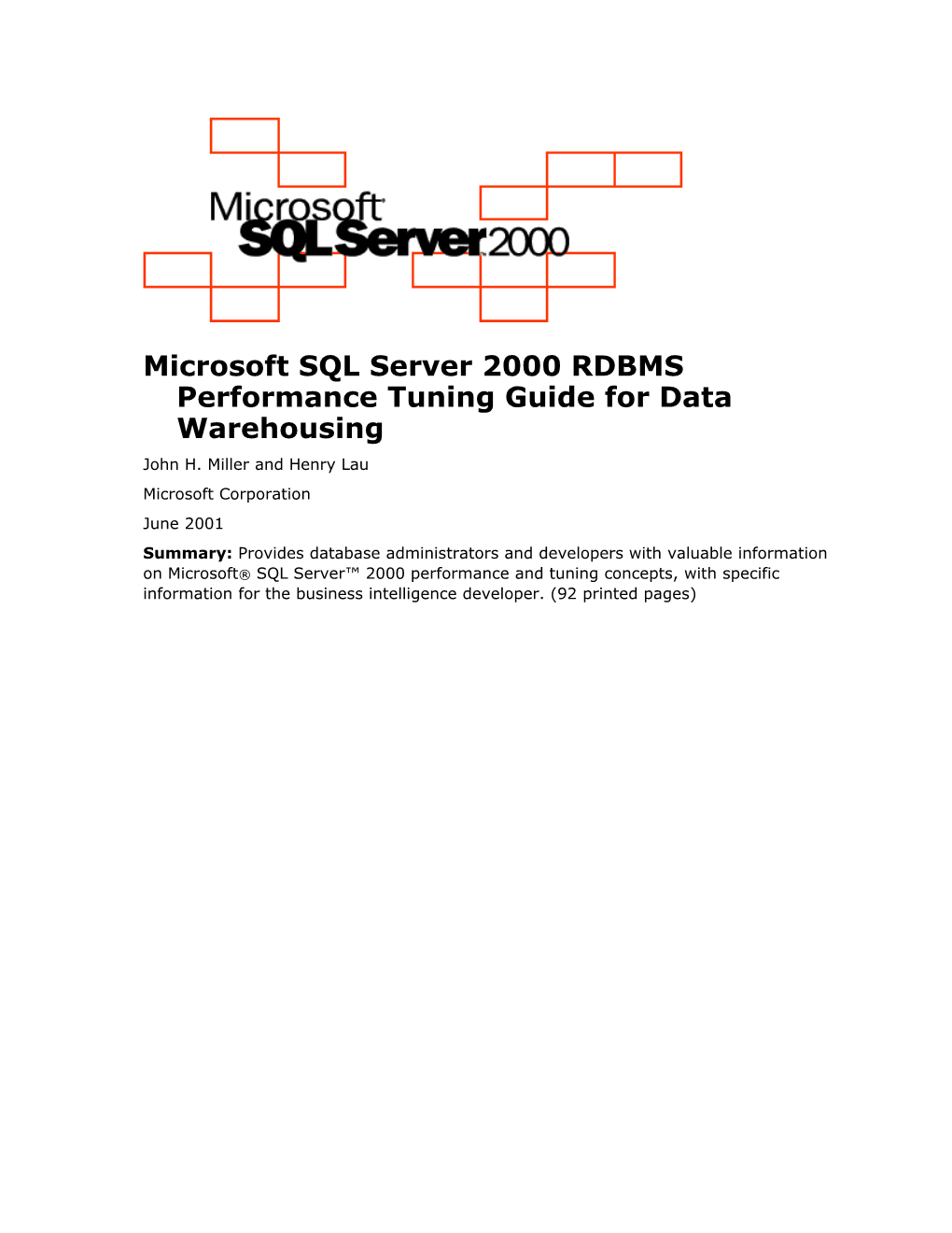 Microsoft SQL Server 2000 RDBMS Performance Tuning Guide for Data Warehousing