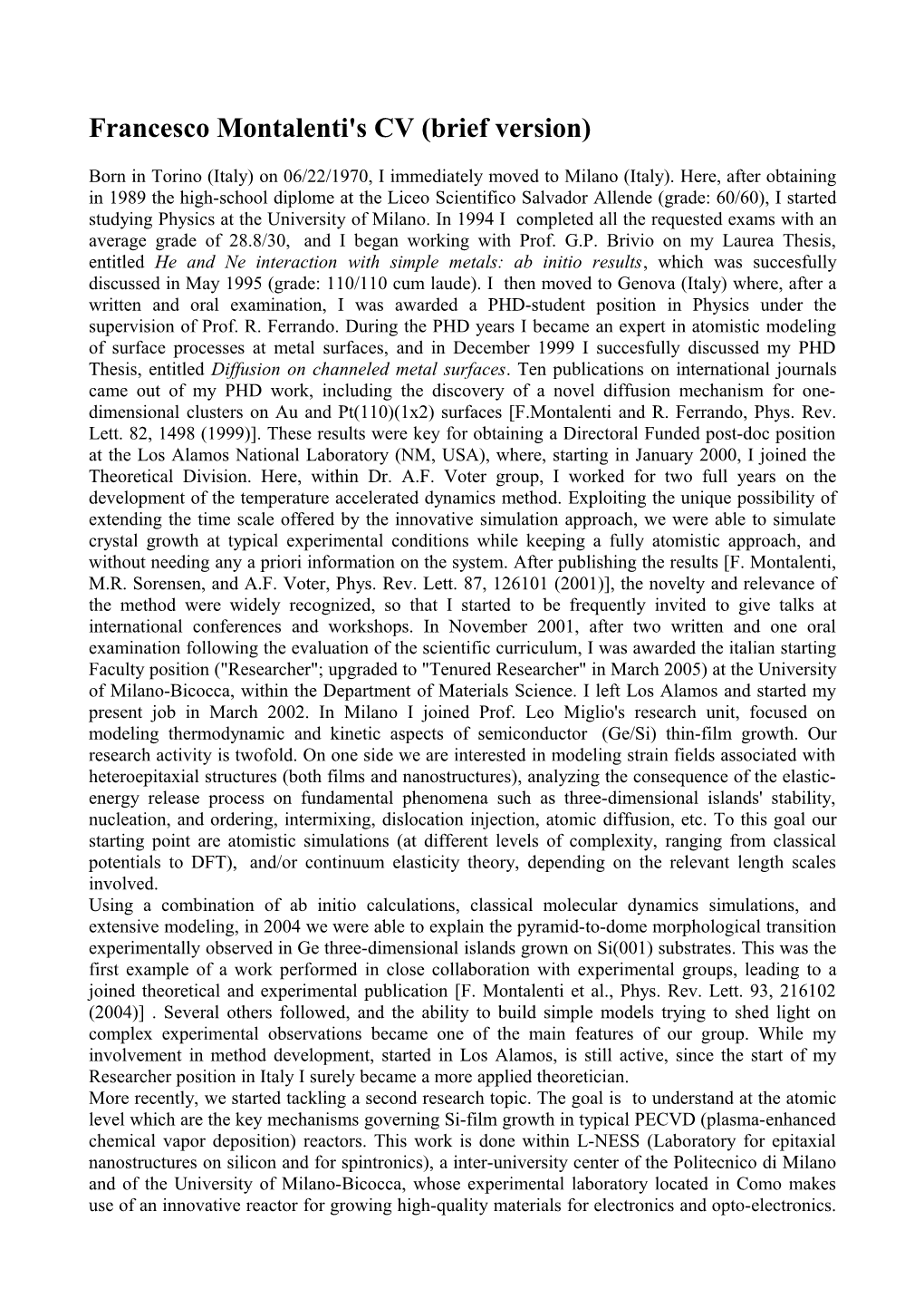 FRANCESCO MONTALENTI's CV