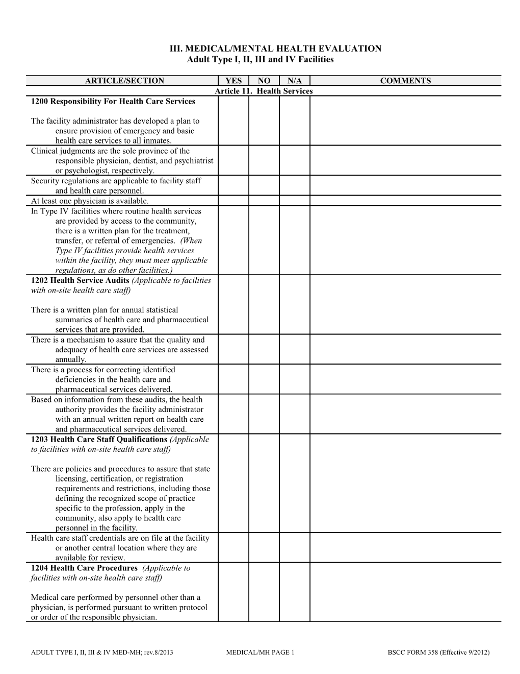 Iii. Medical/Mental Health Evaluation