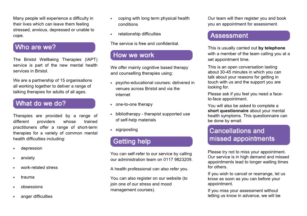 Bristol Wellbeing Therapies Leaflet
