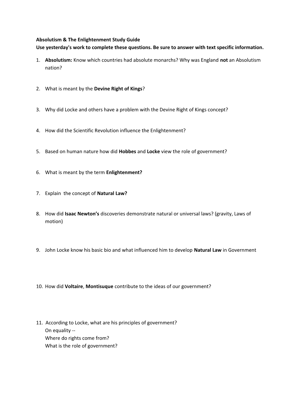 Absolutism & the Enlightenment Study Guide Use Yesterday's Work to Complete These Questions