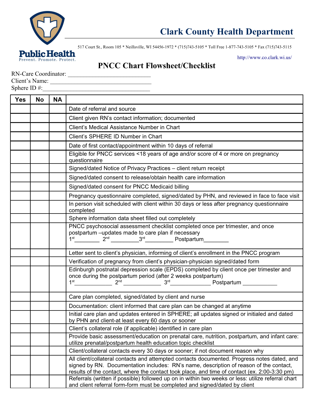 PNCC Chart Flowsheet/Checklist