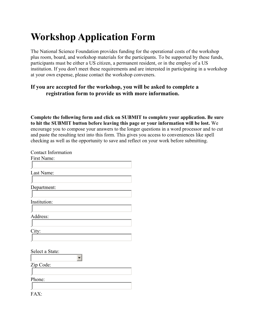 Workshop Application Form