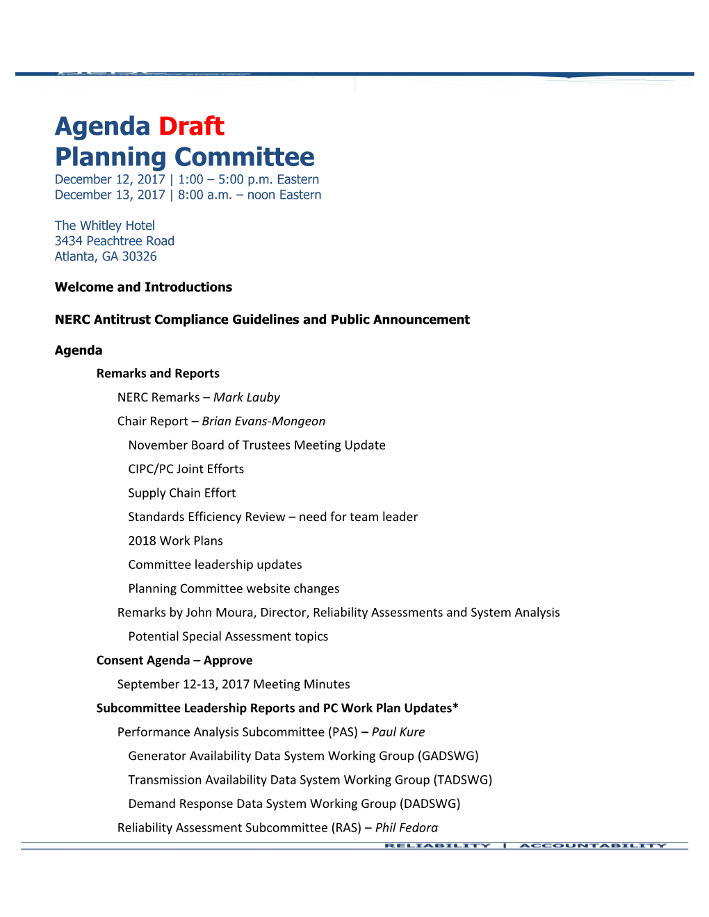 Draft PC Meeting Agenda December 12-13, 2017 (Atlanta, GA) Word Version