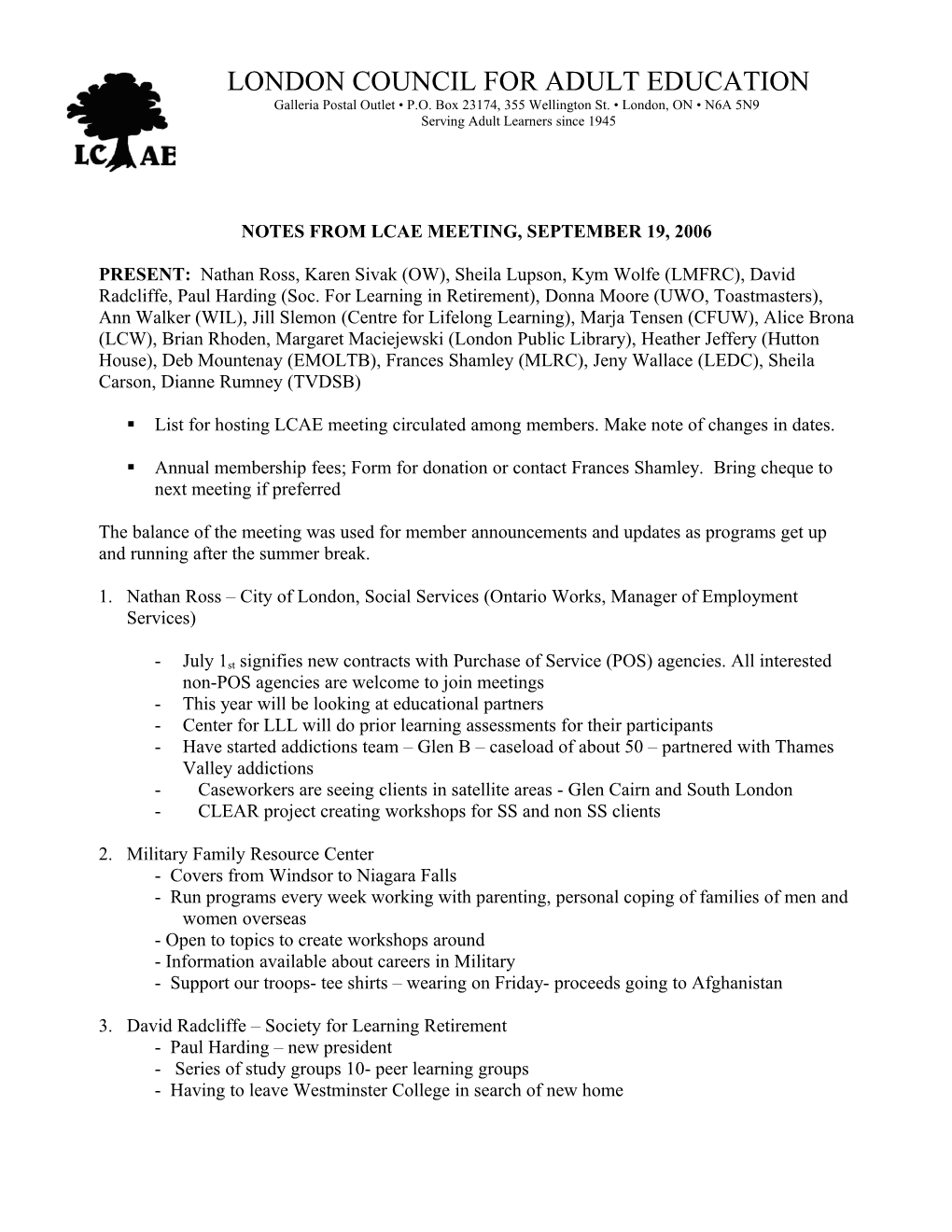 Notes from Lcae Meeting, September 19, 2006