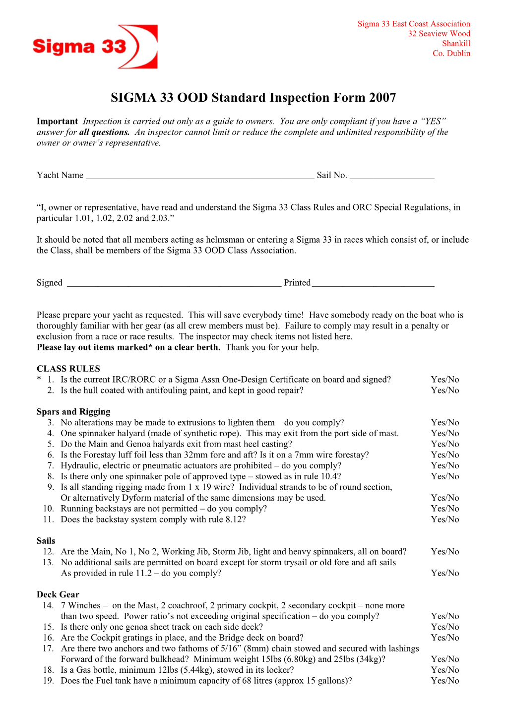 SIGMA 33 OOD Standard Inspection Form 2001