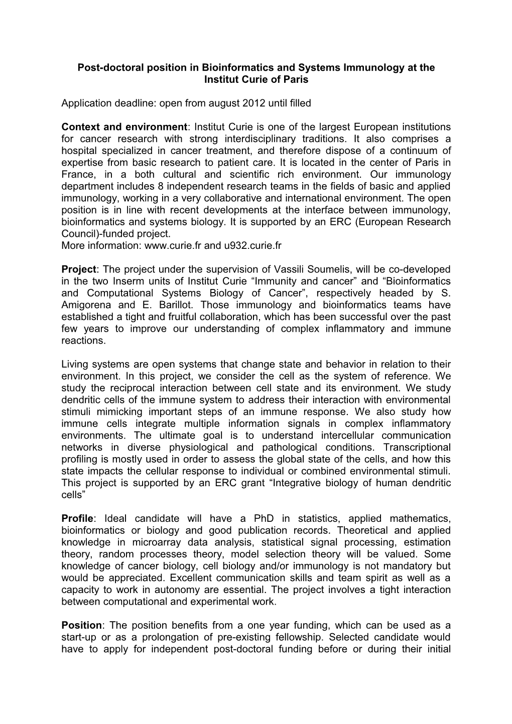 Post-Doctoral Position in Bioinformatics and Systems Immunology at the Institut Curie of Paris