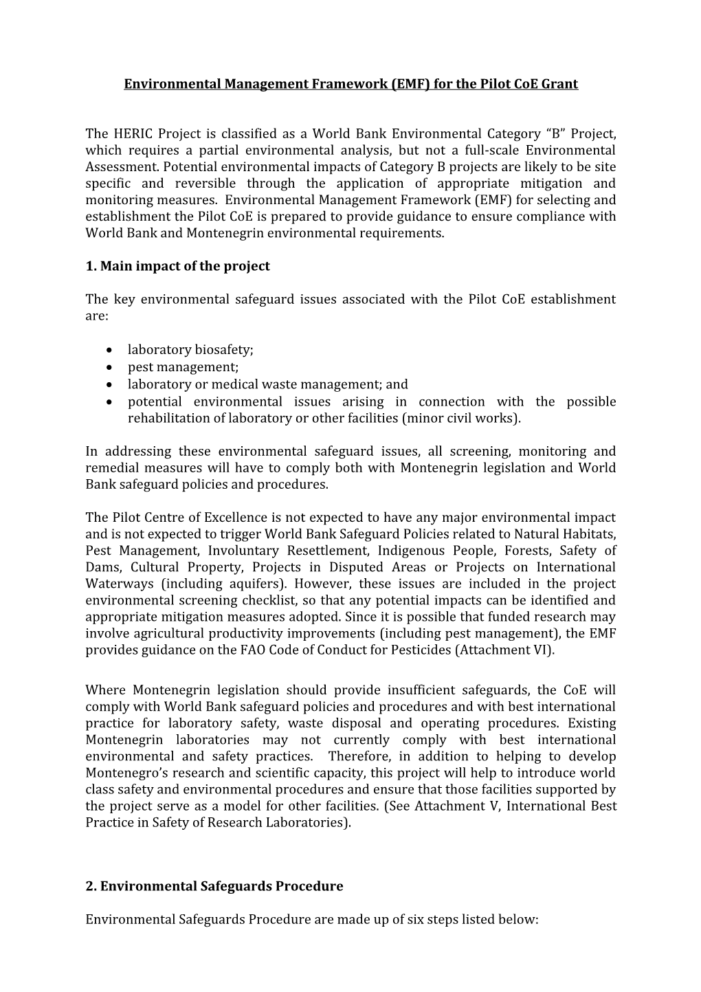 Environmental Management Framework (EMF) for the Pilot Coe Grant