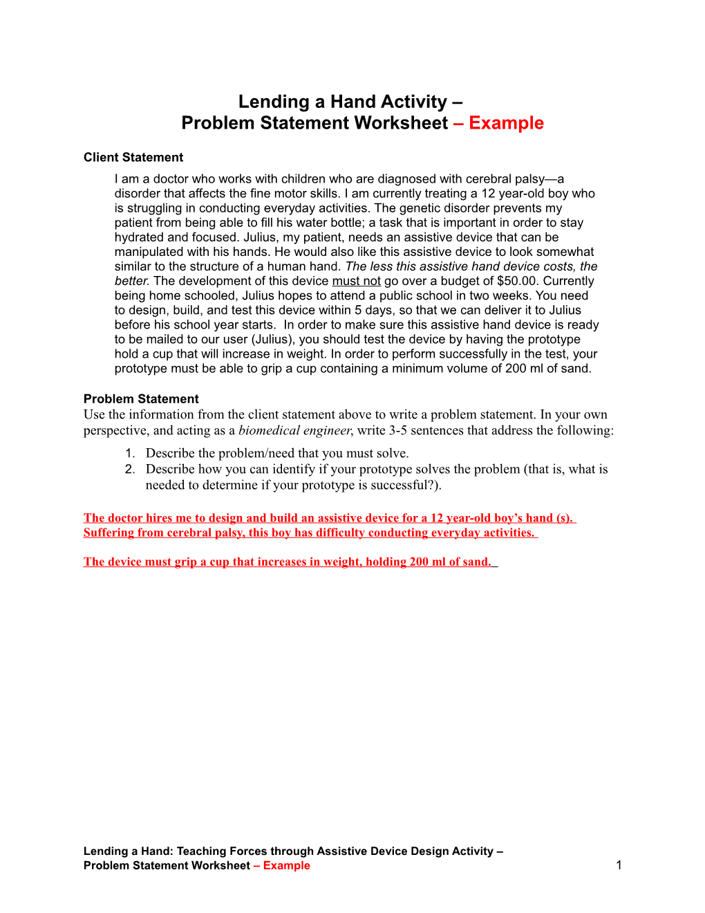 Lending a Hand Activity Problem Statement Worksheet Example