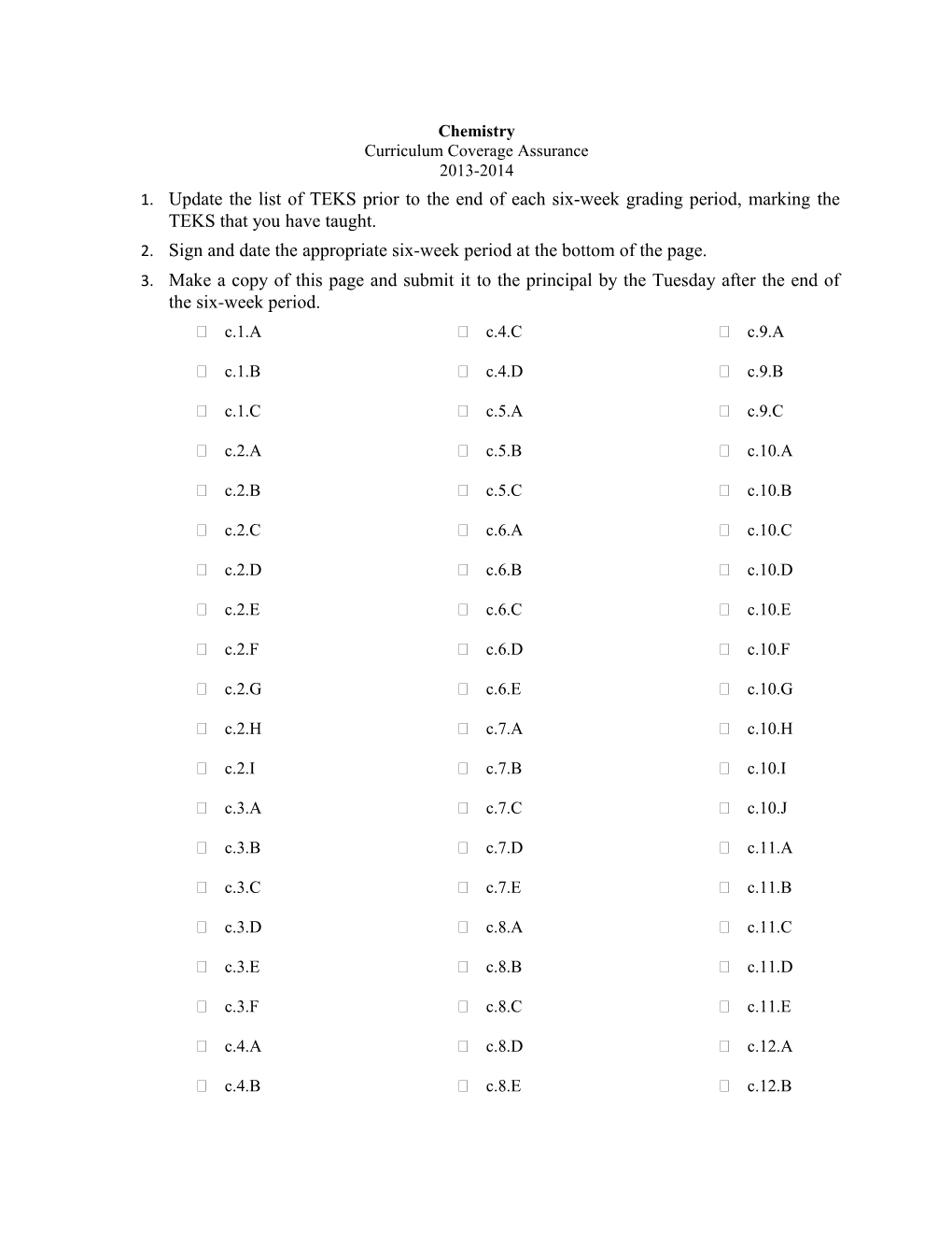 Chemistry Curriculum Coverage Assurance 2013-2014