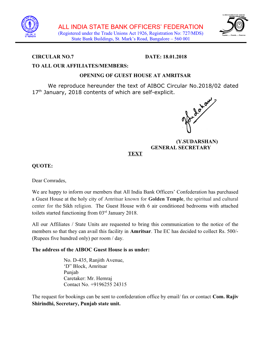 Registered Under the Trade Unions Act 1926, Registration No: 727/MDS s8