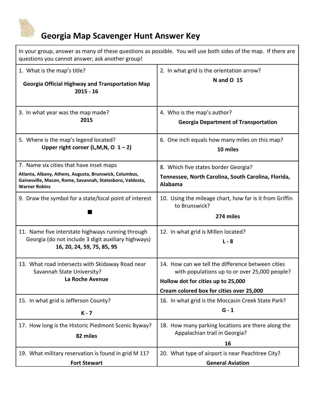 Georgia Map Scavenger Hunt Answer Key