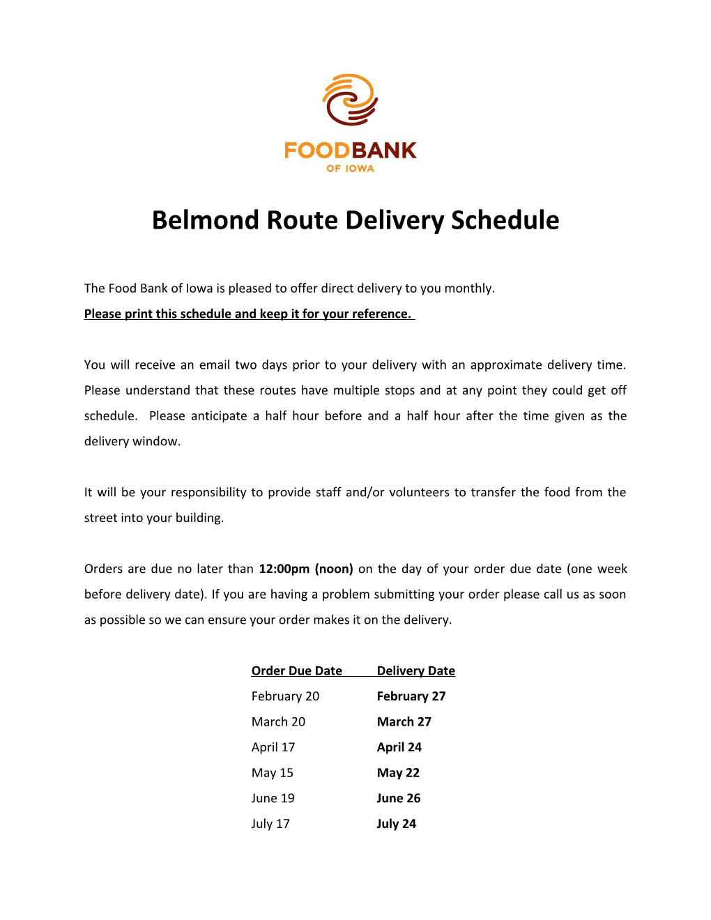 Belmond Route Delivery Schedule