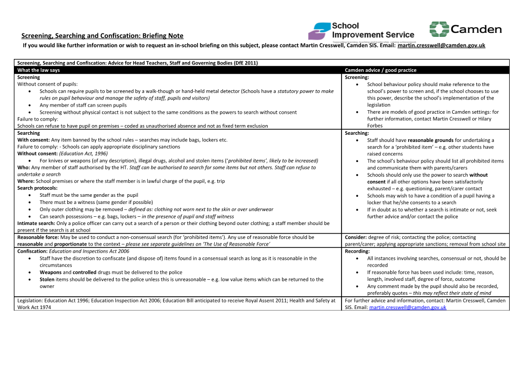 Screening, Searching and Confiscation: Advice for Head Teachers, Staff and Governing Bodies