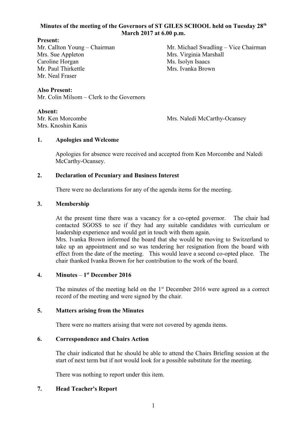Minutes of the Meeting of the Governors of ST GILES SCHOOL Held on Tuesday 28Th March
