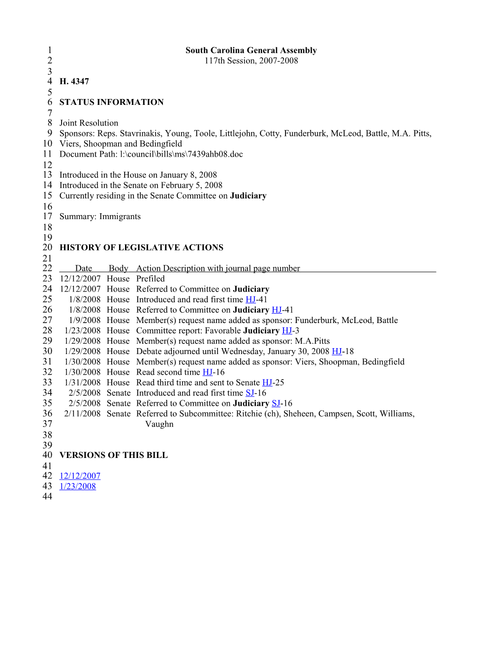 2007-2008 Bill 4347: Immigrants - South Carolina Legislature Online