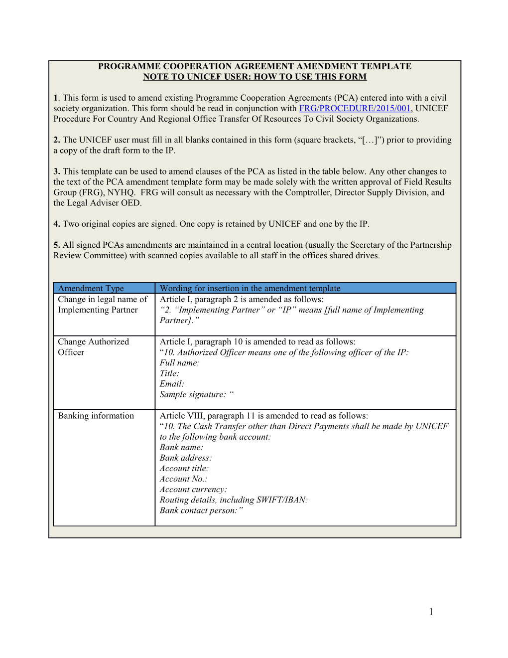 Programme Cooperation Agreement AMENDMENT TEMPLATE