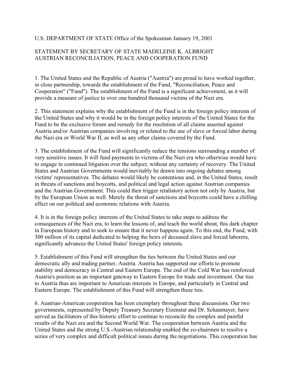 Statement by Secretary of State Madeleine K. Albright