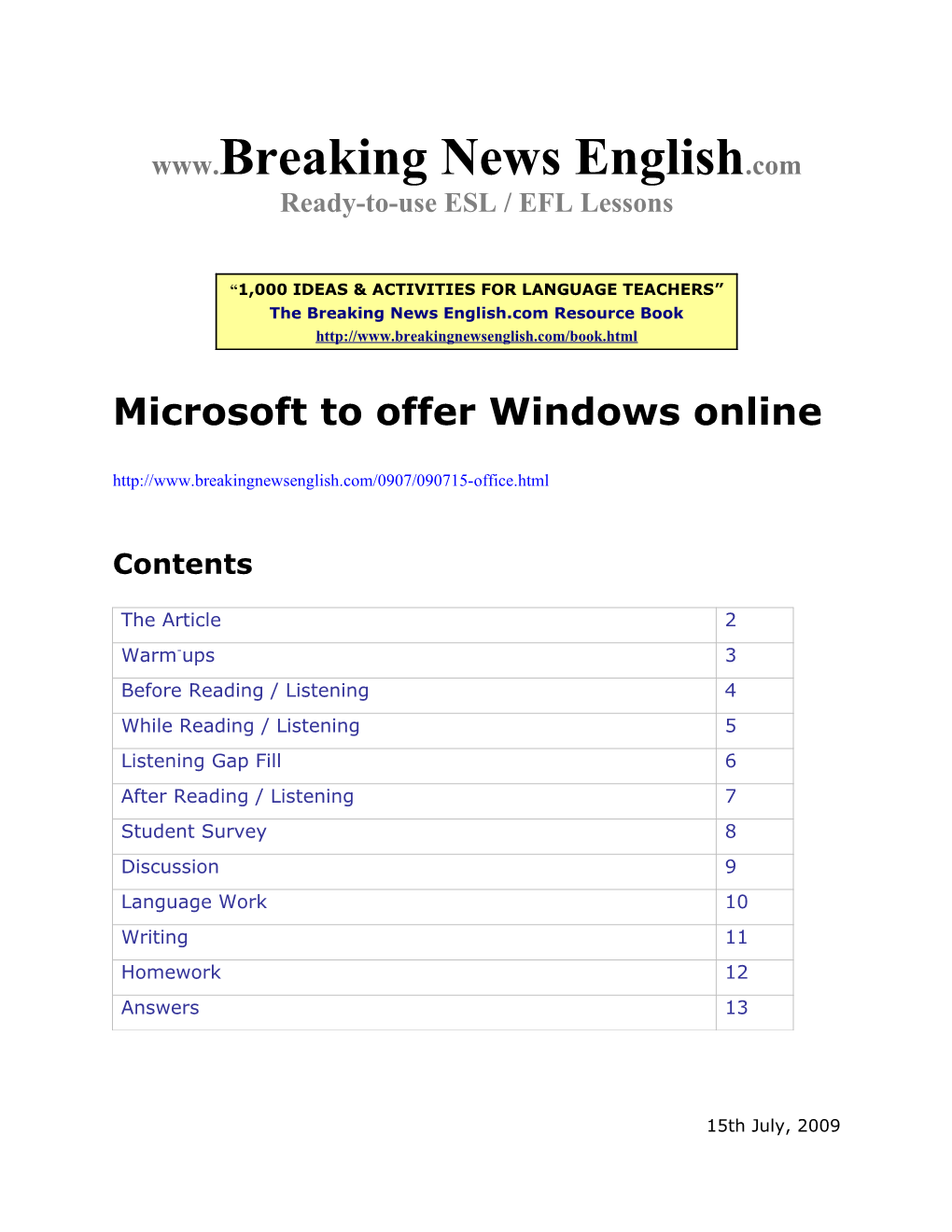 ESL Lesson: Microsoft to Offer Windows Online
