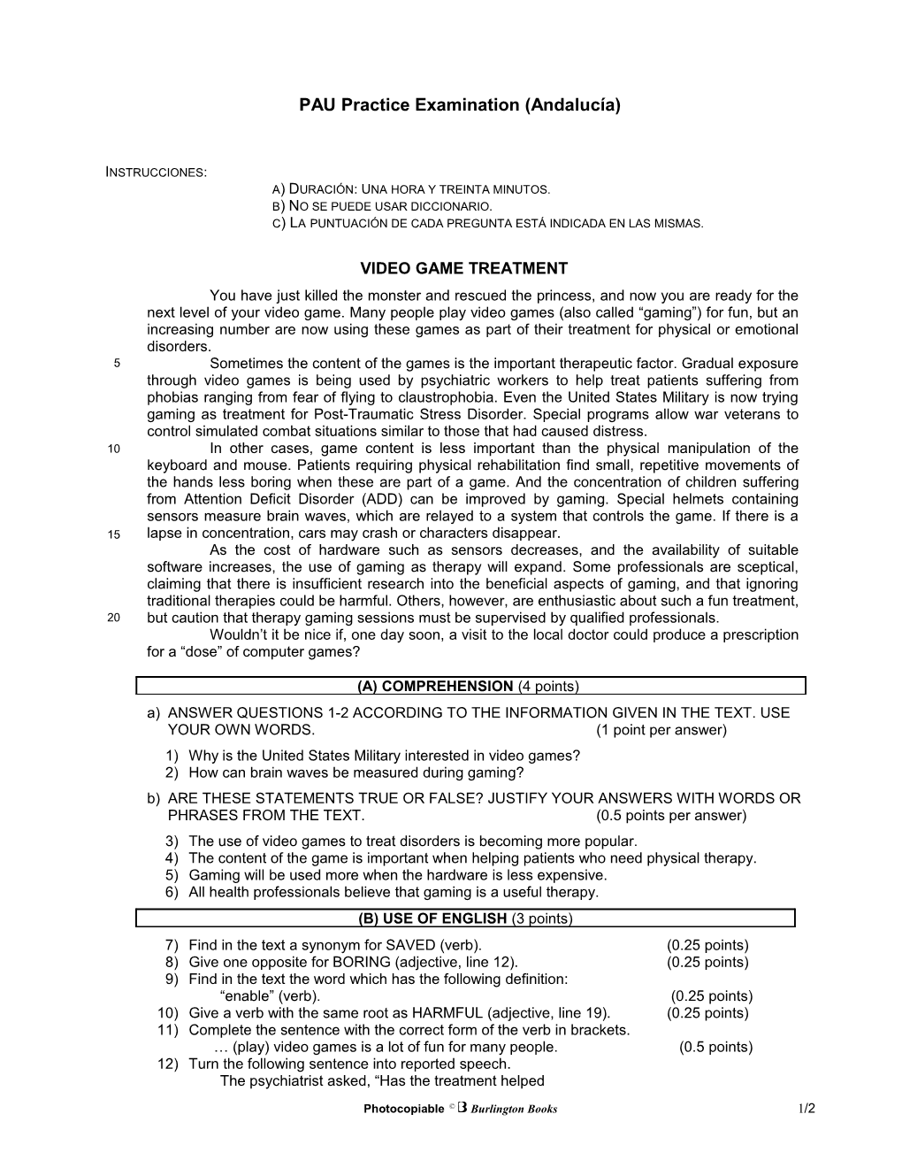 PAU Practice Examination (Andalucía)