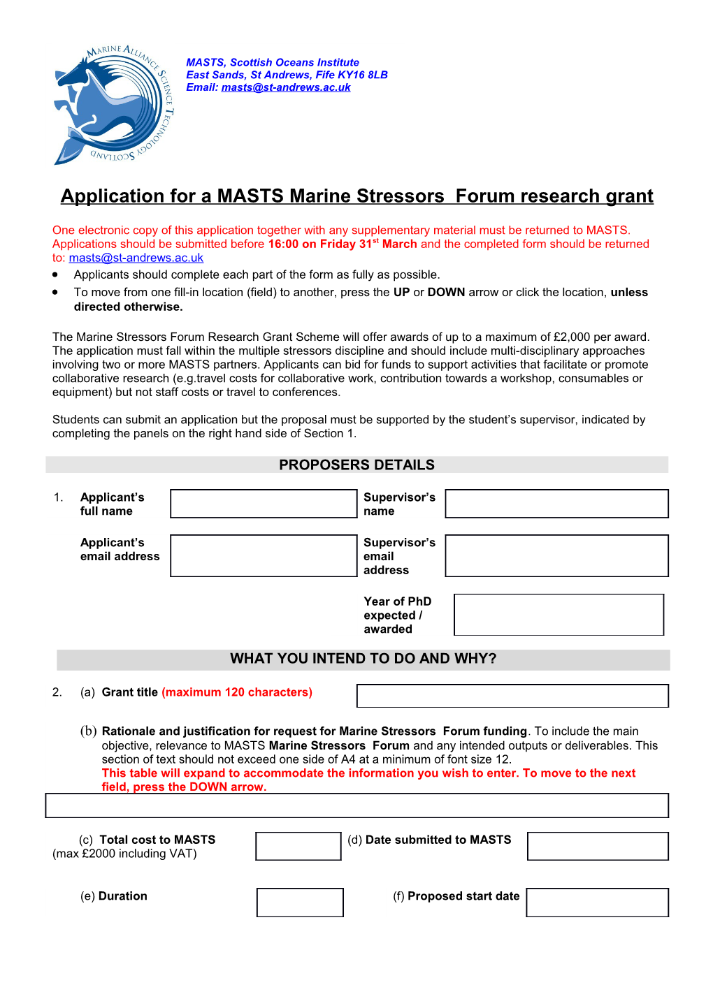 Application for a Mastsmarine Stressors Forumresearch Grant