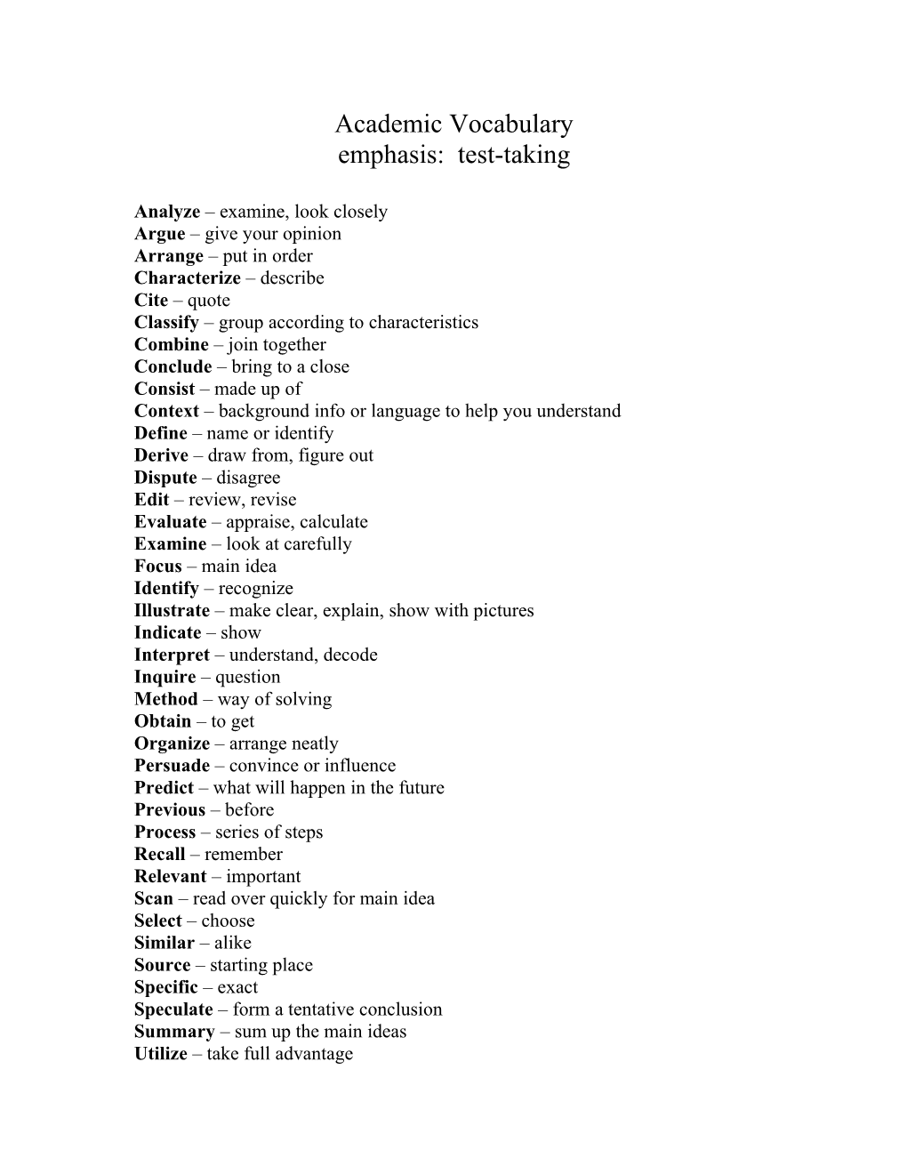 Academic Vocabulary Emphasis: Test-Taking