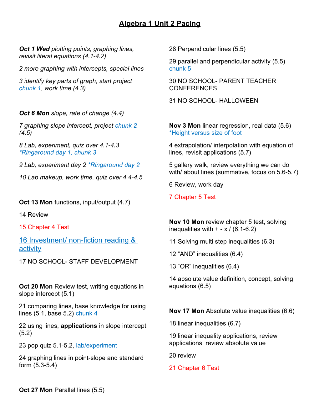 Algebra 1 Unit 2 Pacing