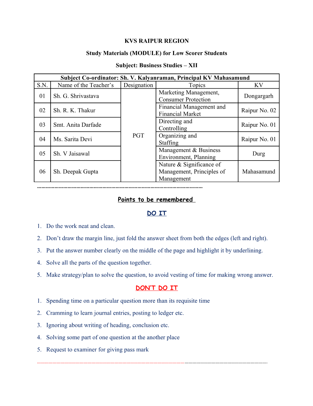 Study Materials (MODULE) for Low Scorer Students