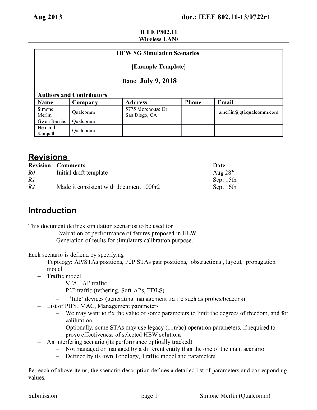 This Document Defines Simulation Scenarios to Be Used For