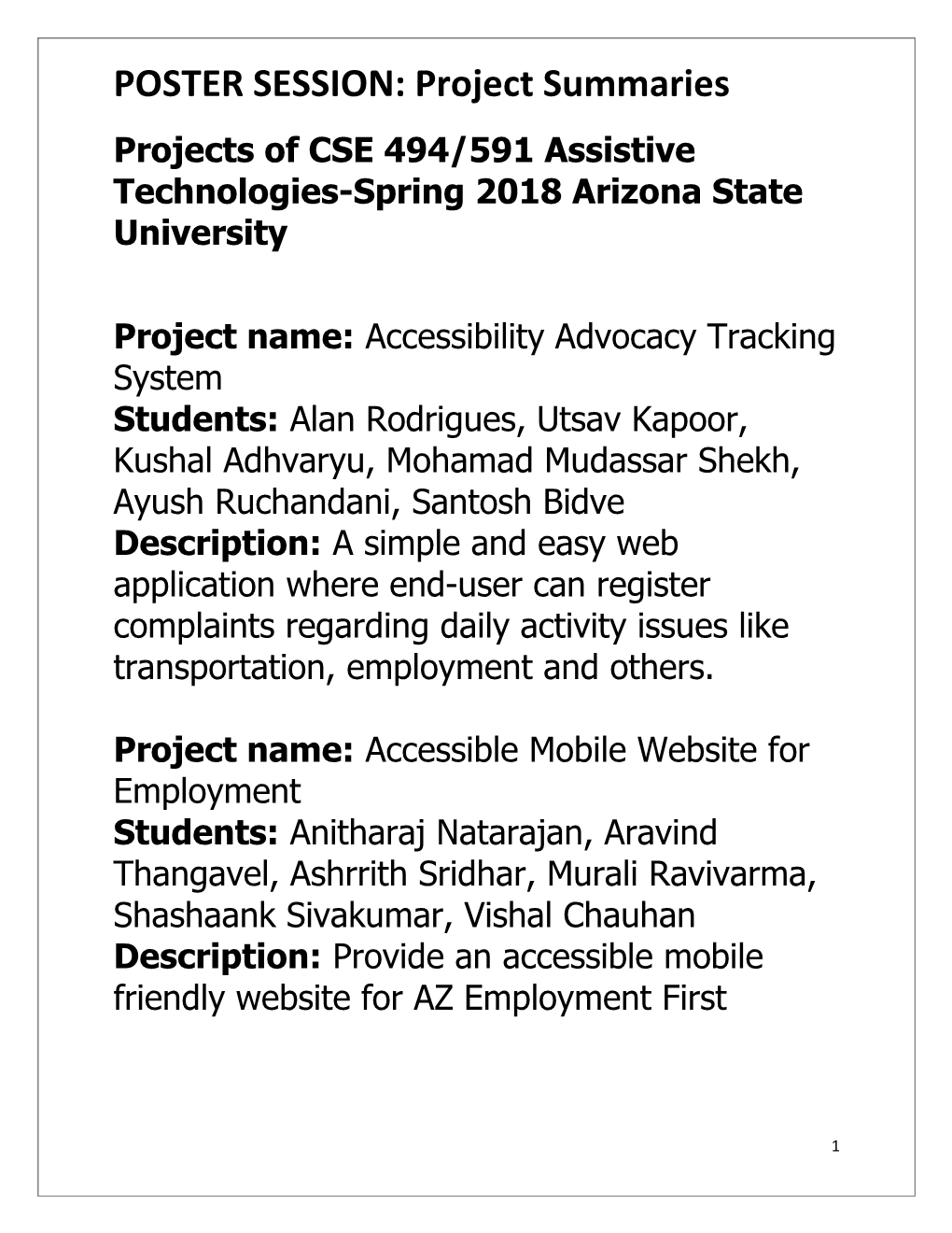 POSTER SESSION: Project Summaries