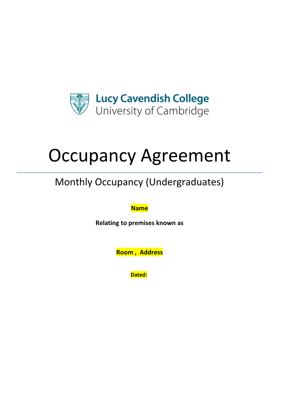 Monthly Occupancy Agreement for Undergraduates