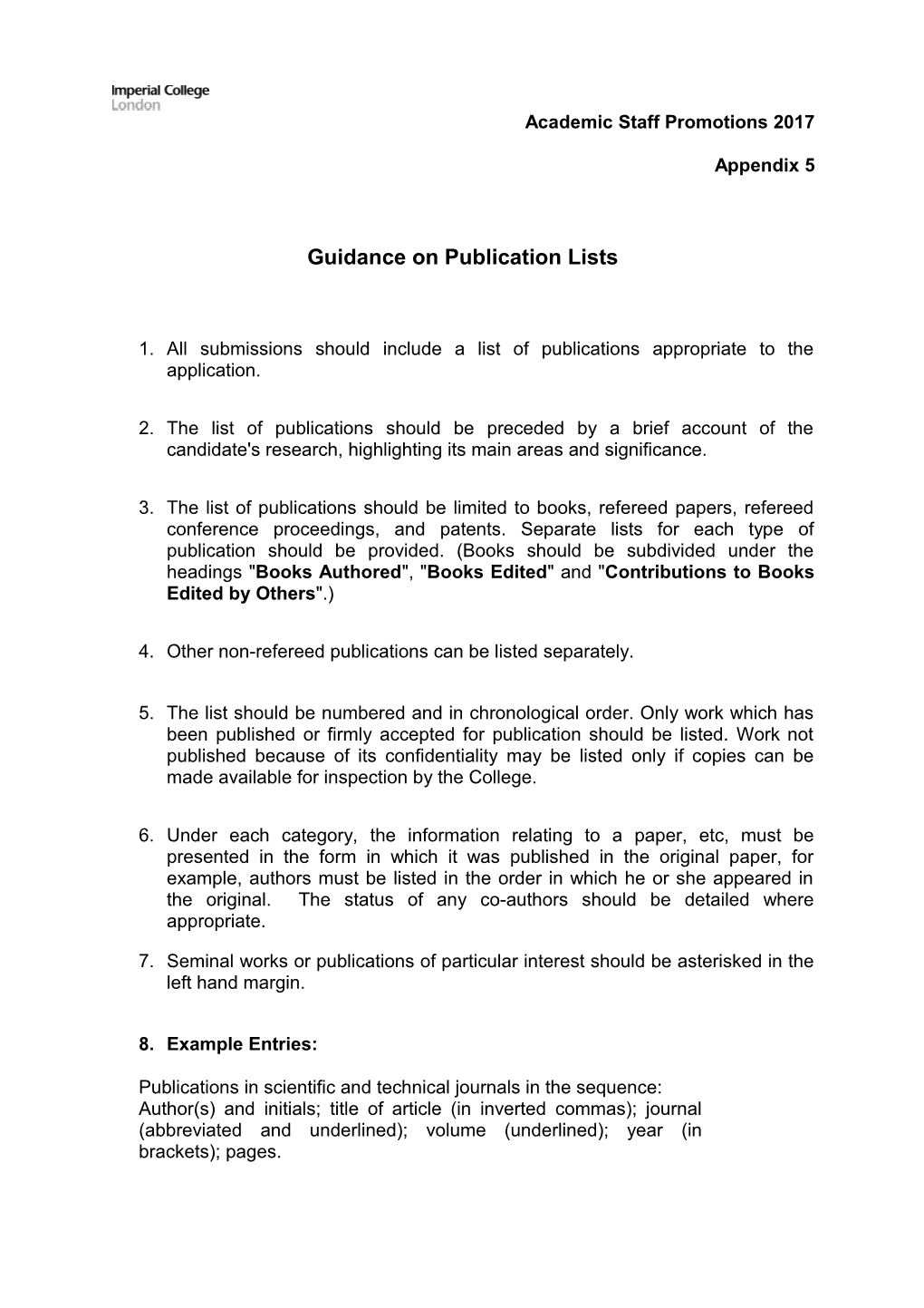 Guidance on Publication Lists