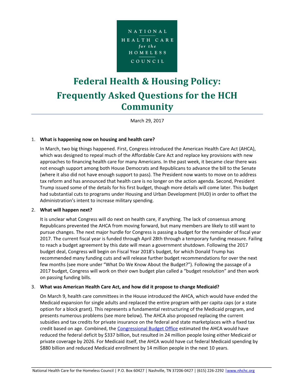 Frequently Asked Questions for the HCH Community