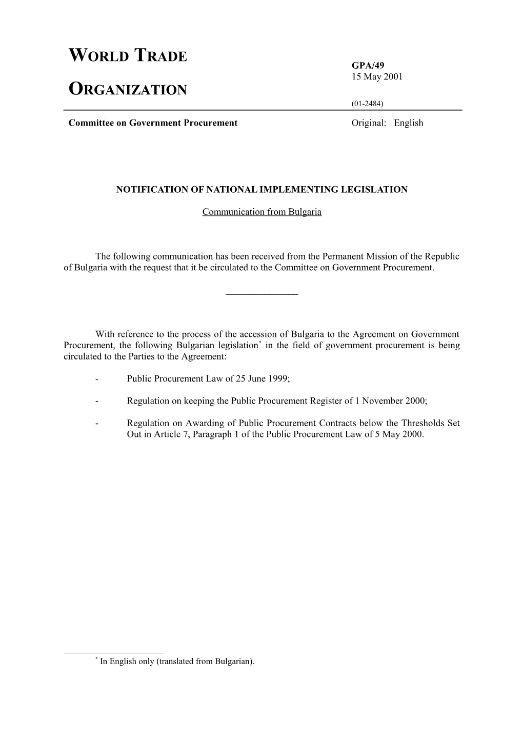 Notification of National Implementing Legislation