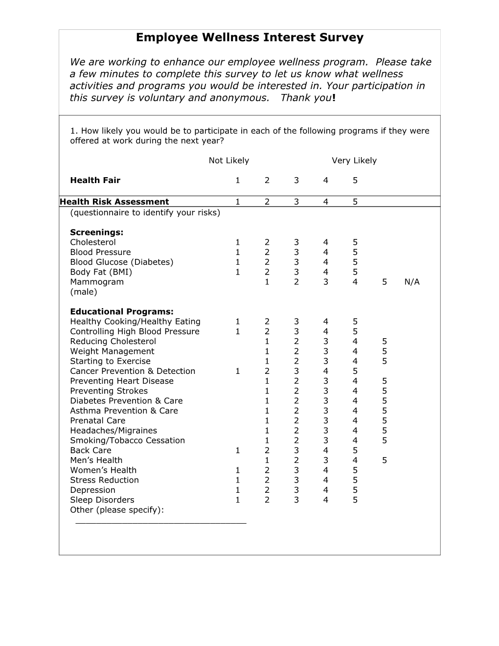 Employee Wellness Interest Survey