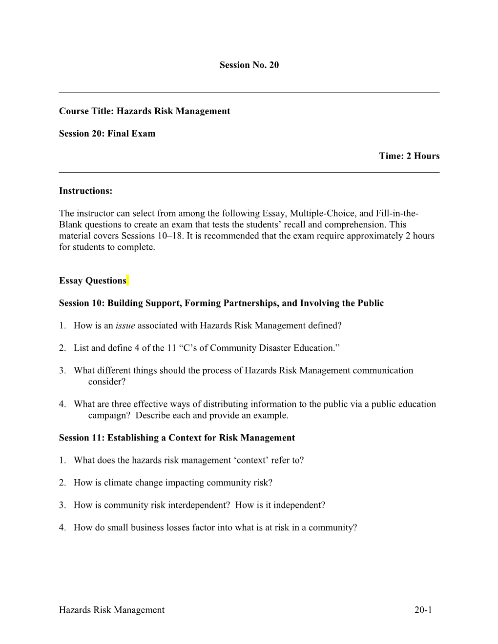 Course Title: Hazards Risk Management s1