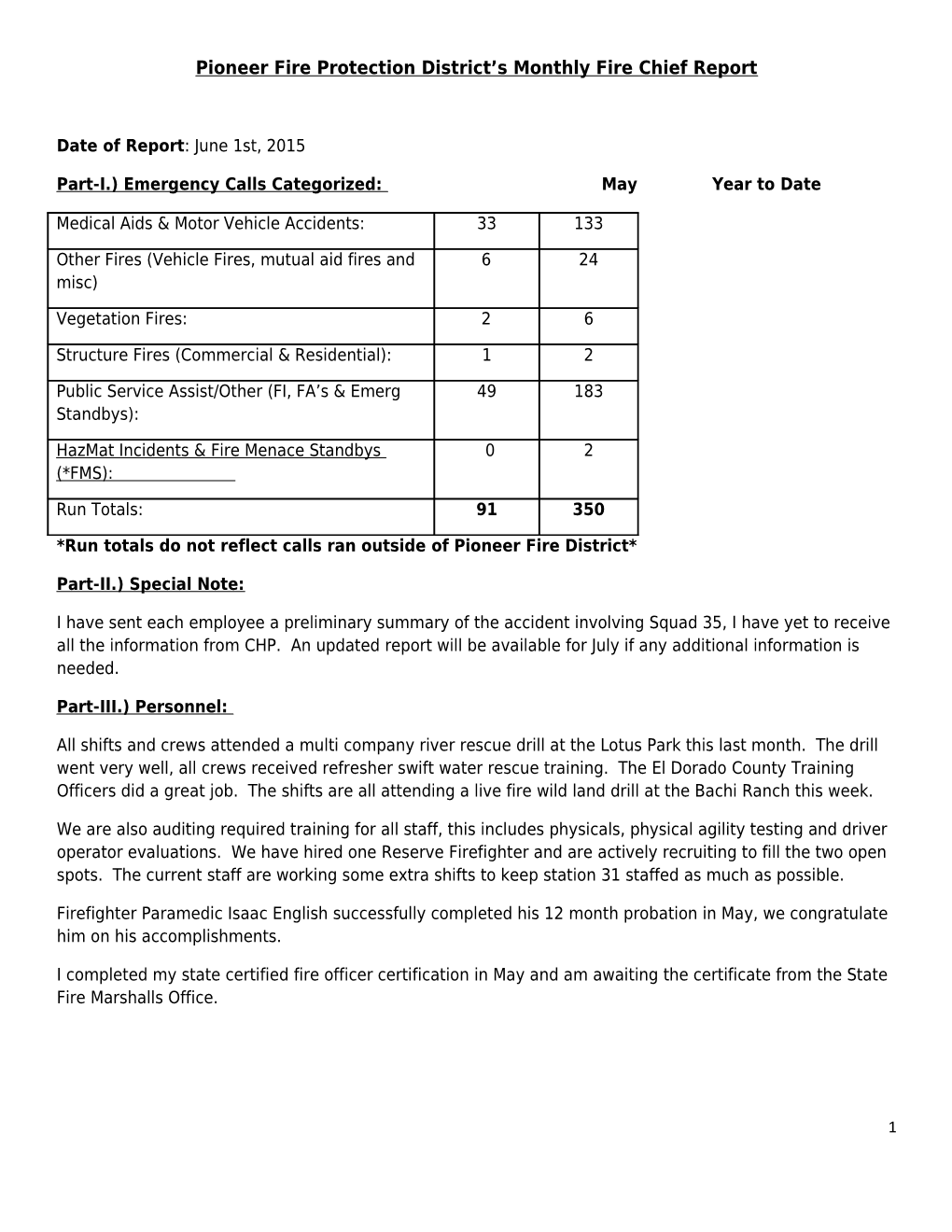 Pioneer Fire Protection District S Monthly Fire Chief Report