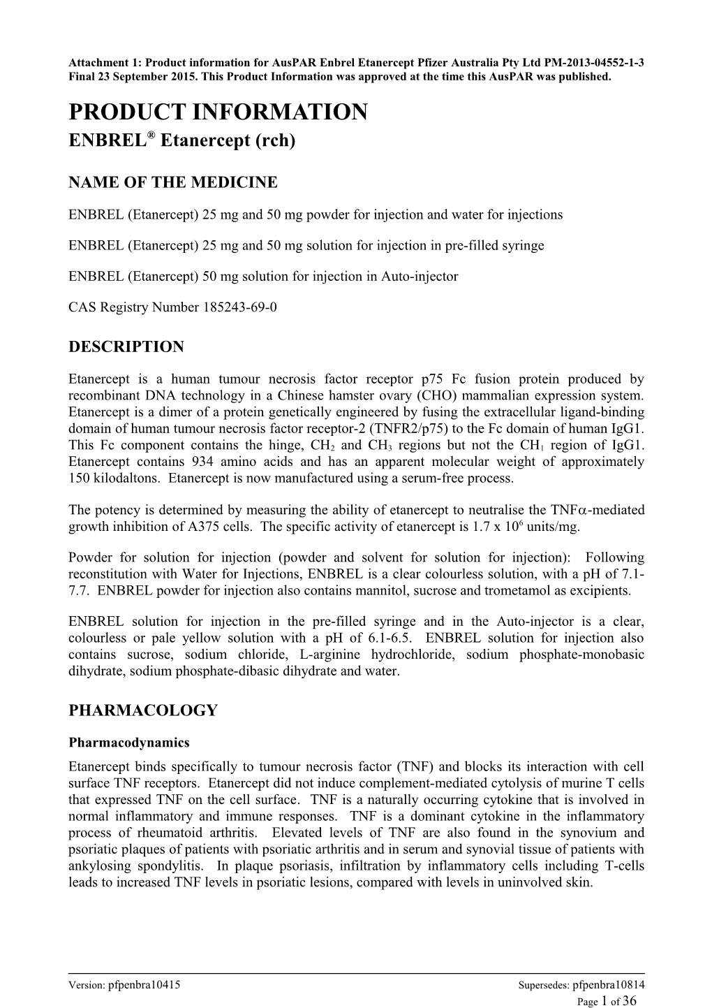 Auspar Attachment 1: Product Information for Enbrel (Etanercept (Rch))