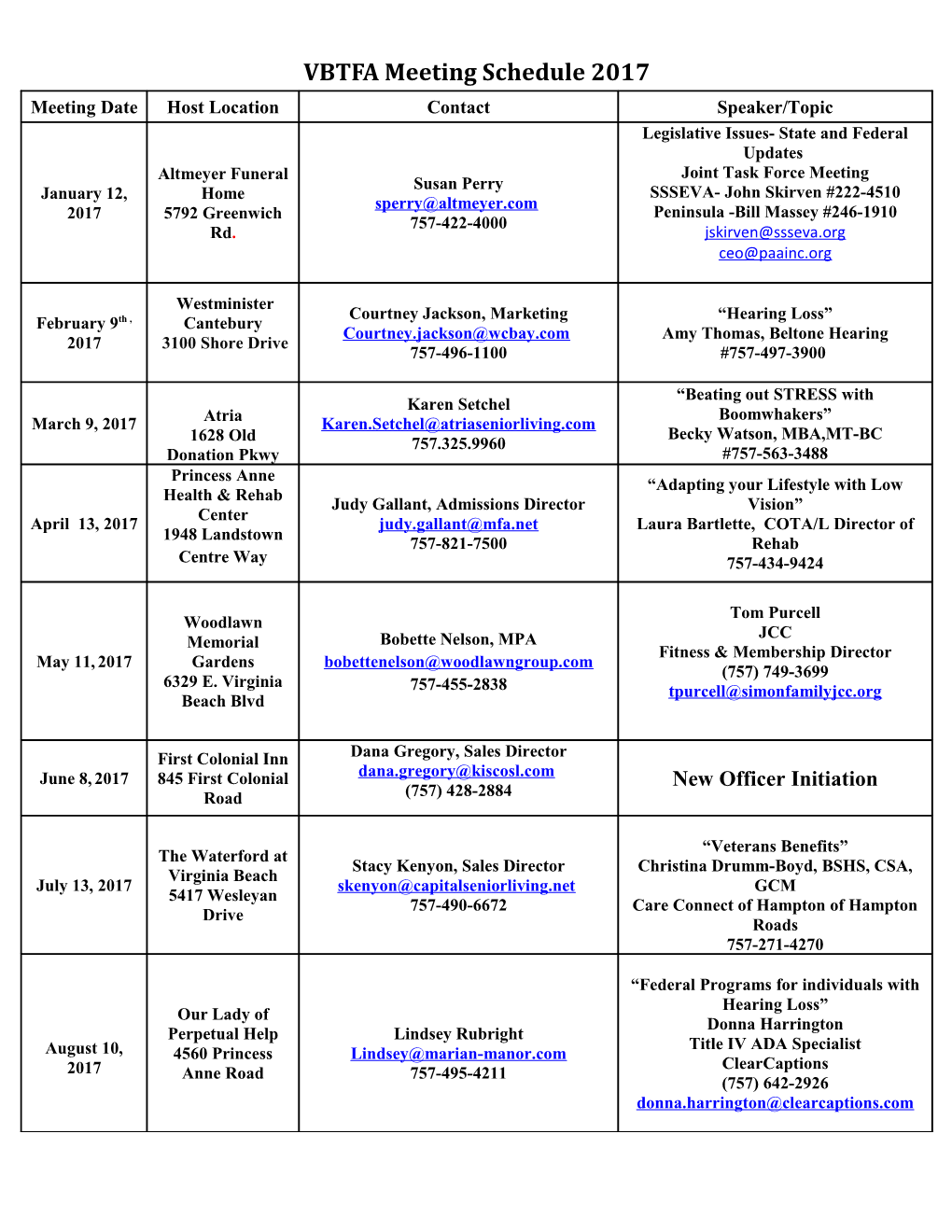 VBTFA Meeting Schedule 2017