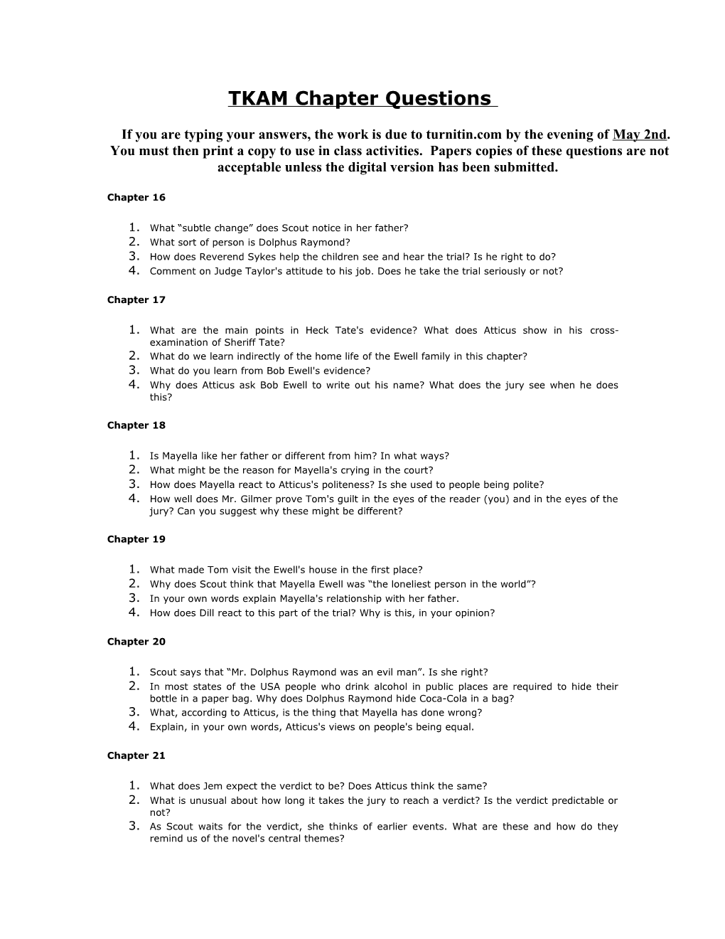TKAM Chapter Questions (Courtesy Of