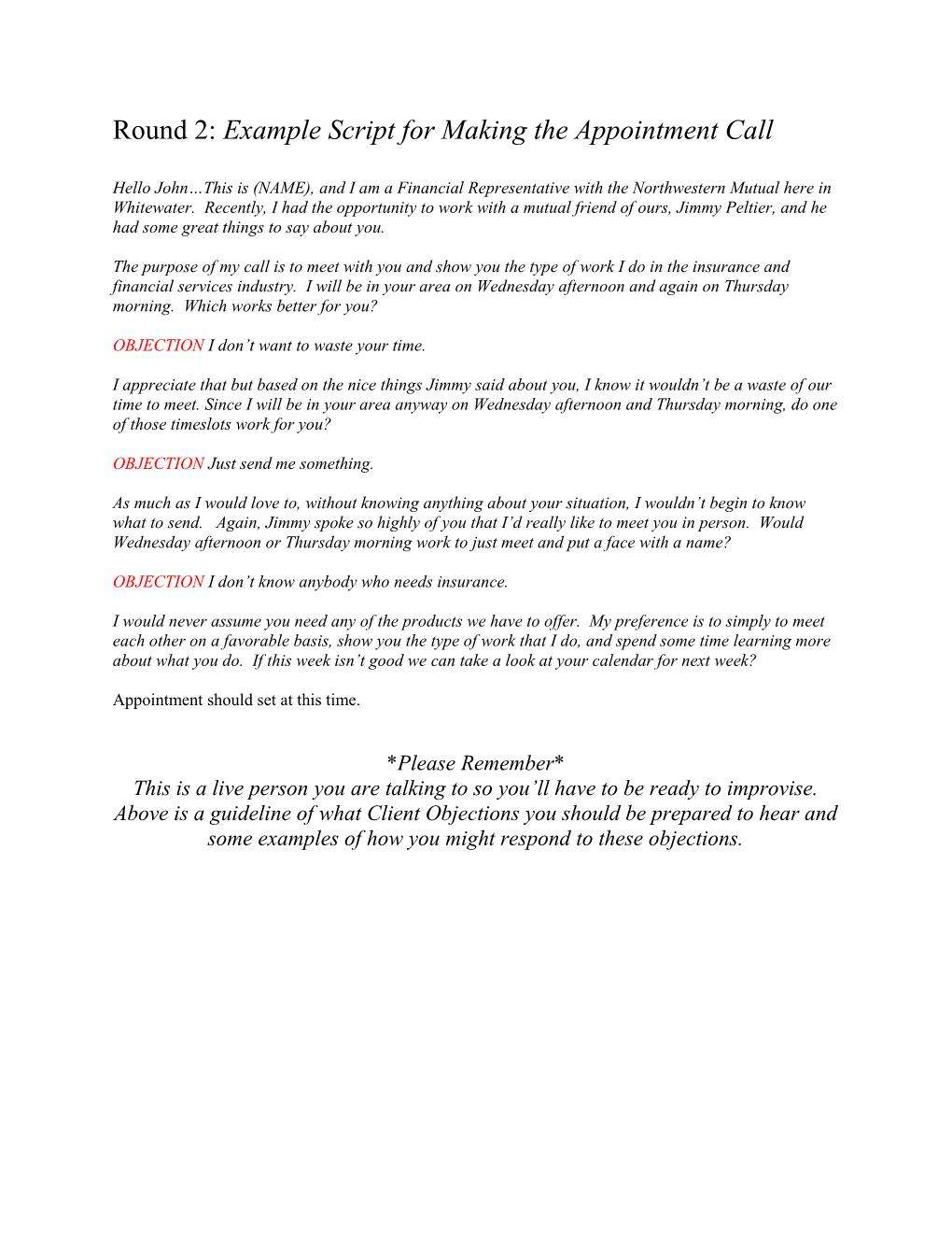 Round 2: Example Script for Making the Appointment Call