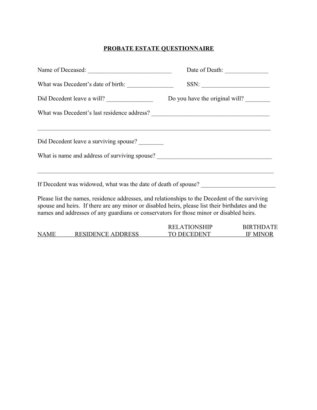 Probate Estate Questionnaire