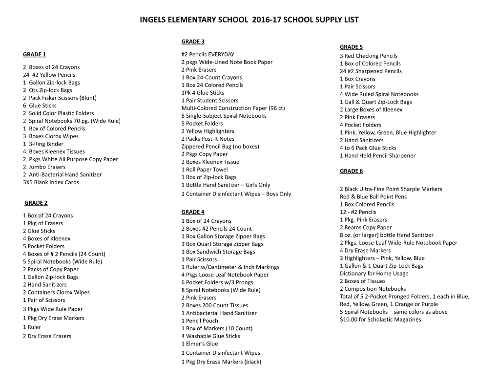 Ingels Elementary School 2016-17 School Supply List