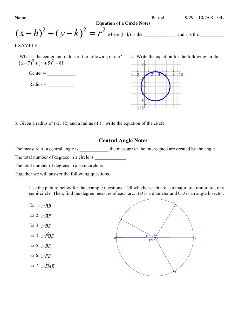 Equation of a Circle Notes