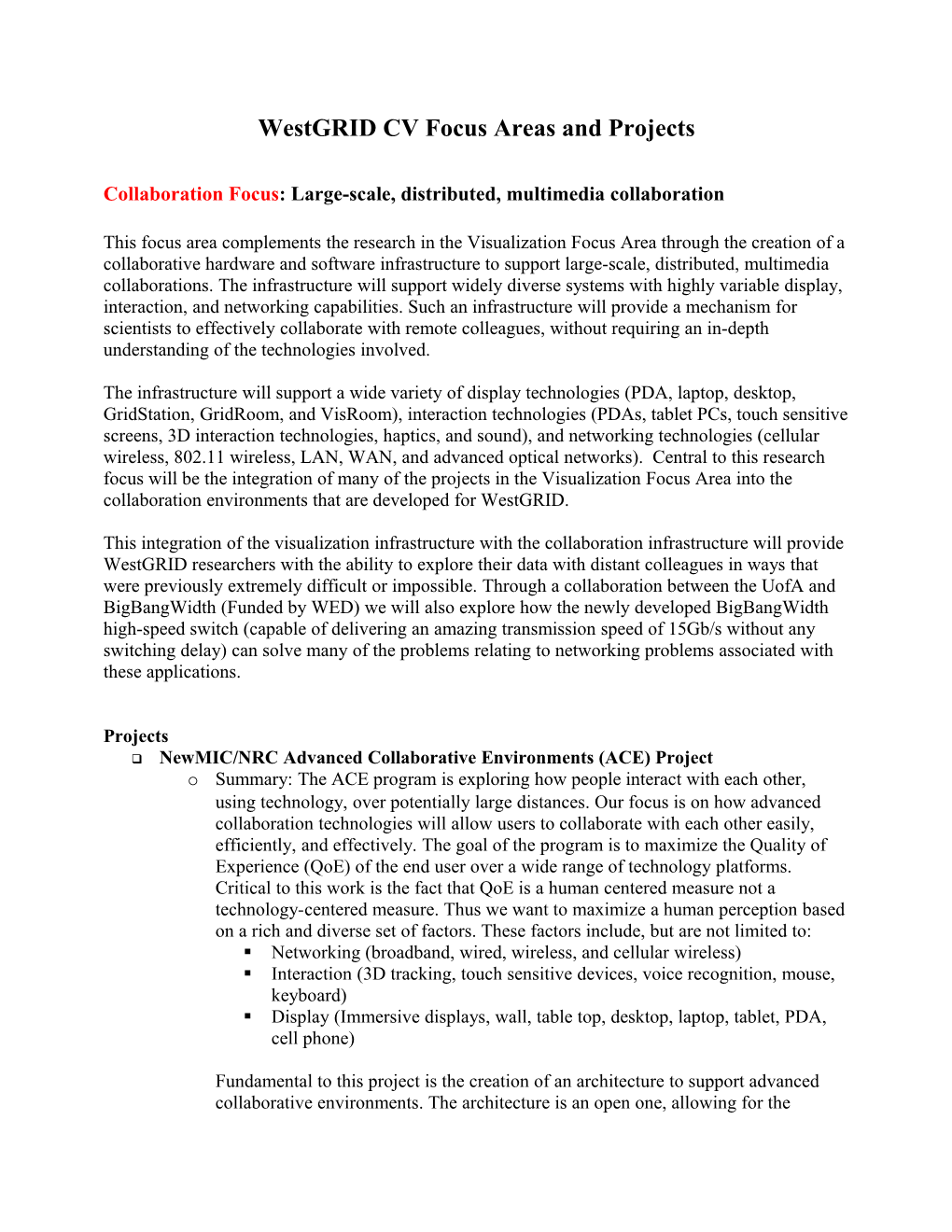 Westgrid CV Focus Areas and Projects