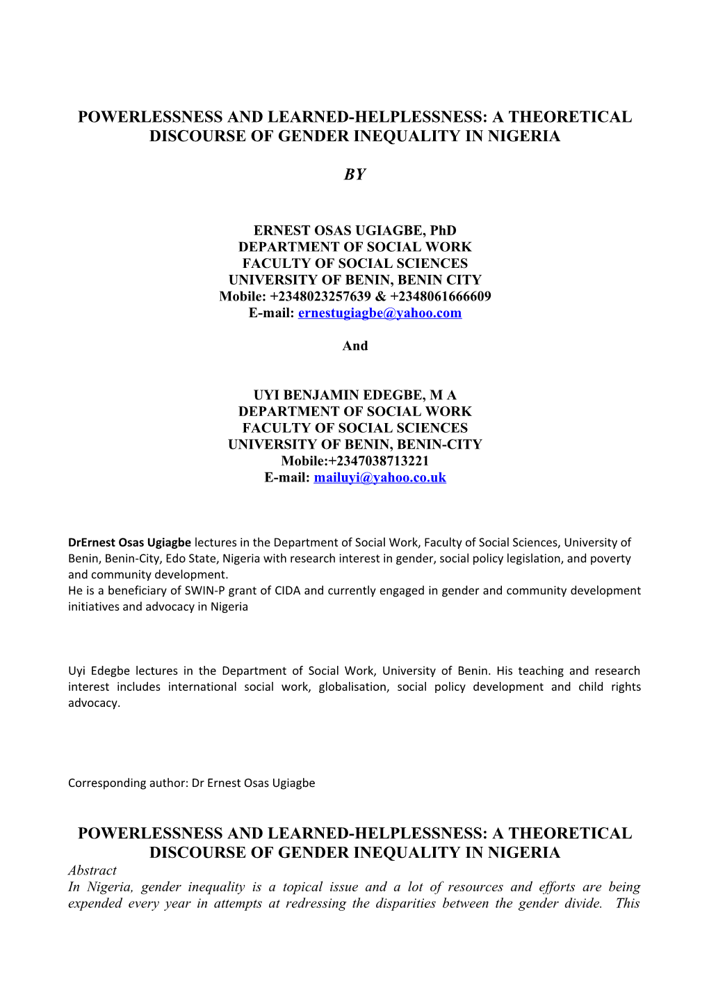 Powerlessness and Learned-Helplessness: a Theoretical Discourse of Gender Inequality In